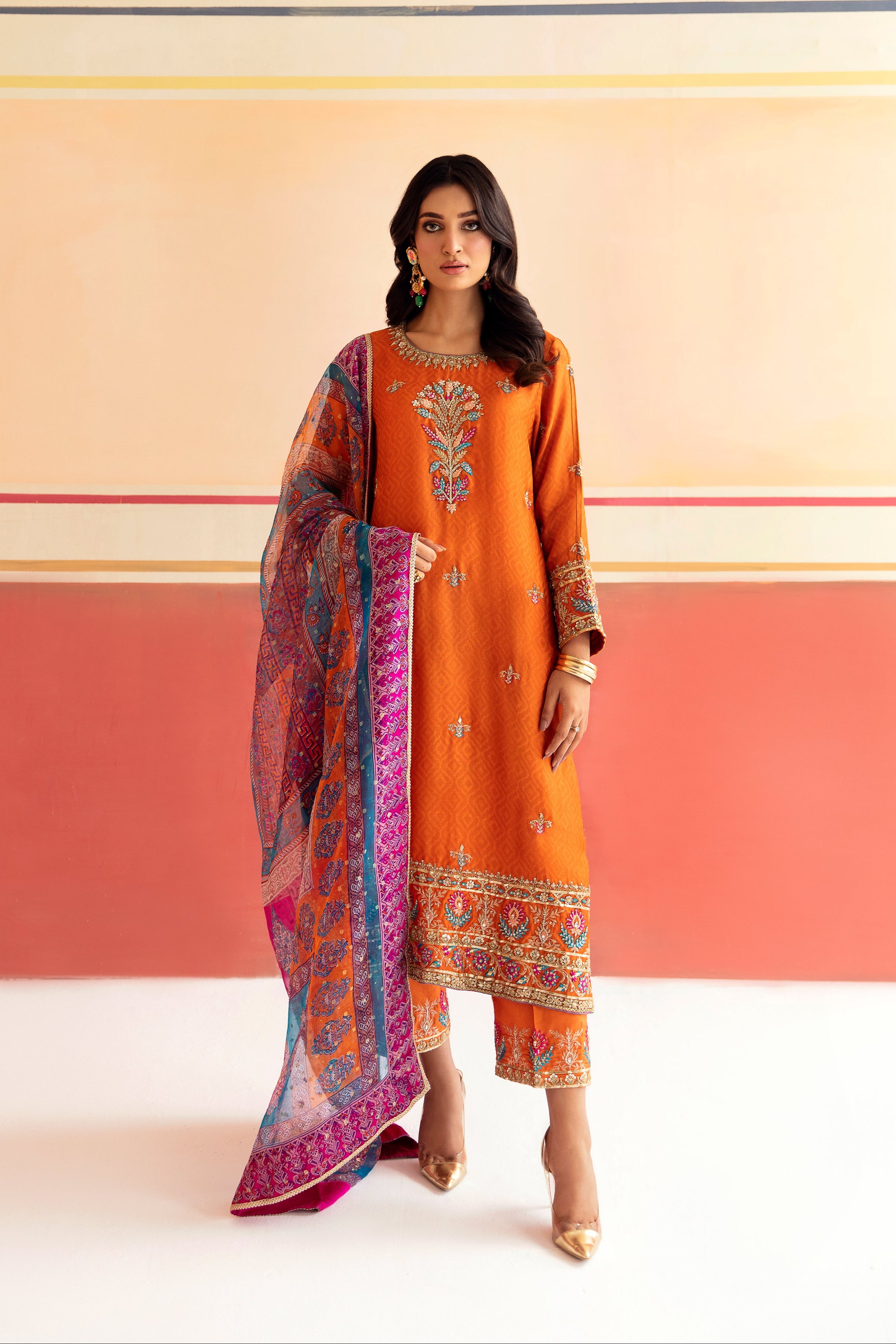 Elegant Orange Pepper Silk Tunic Set