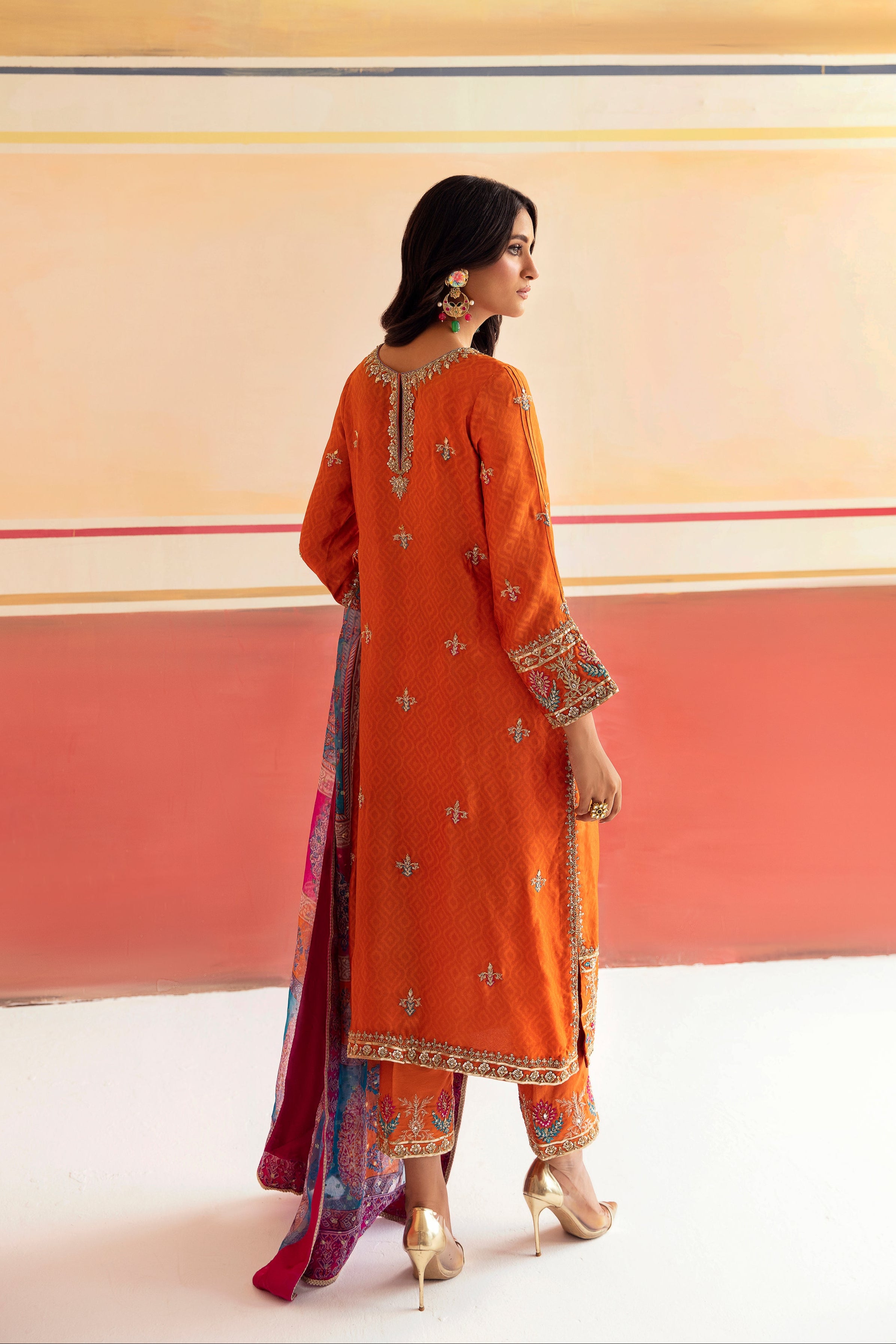 Elegant Orange Pepper Silk Tunic Set