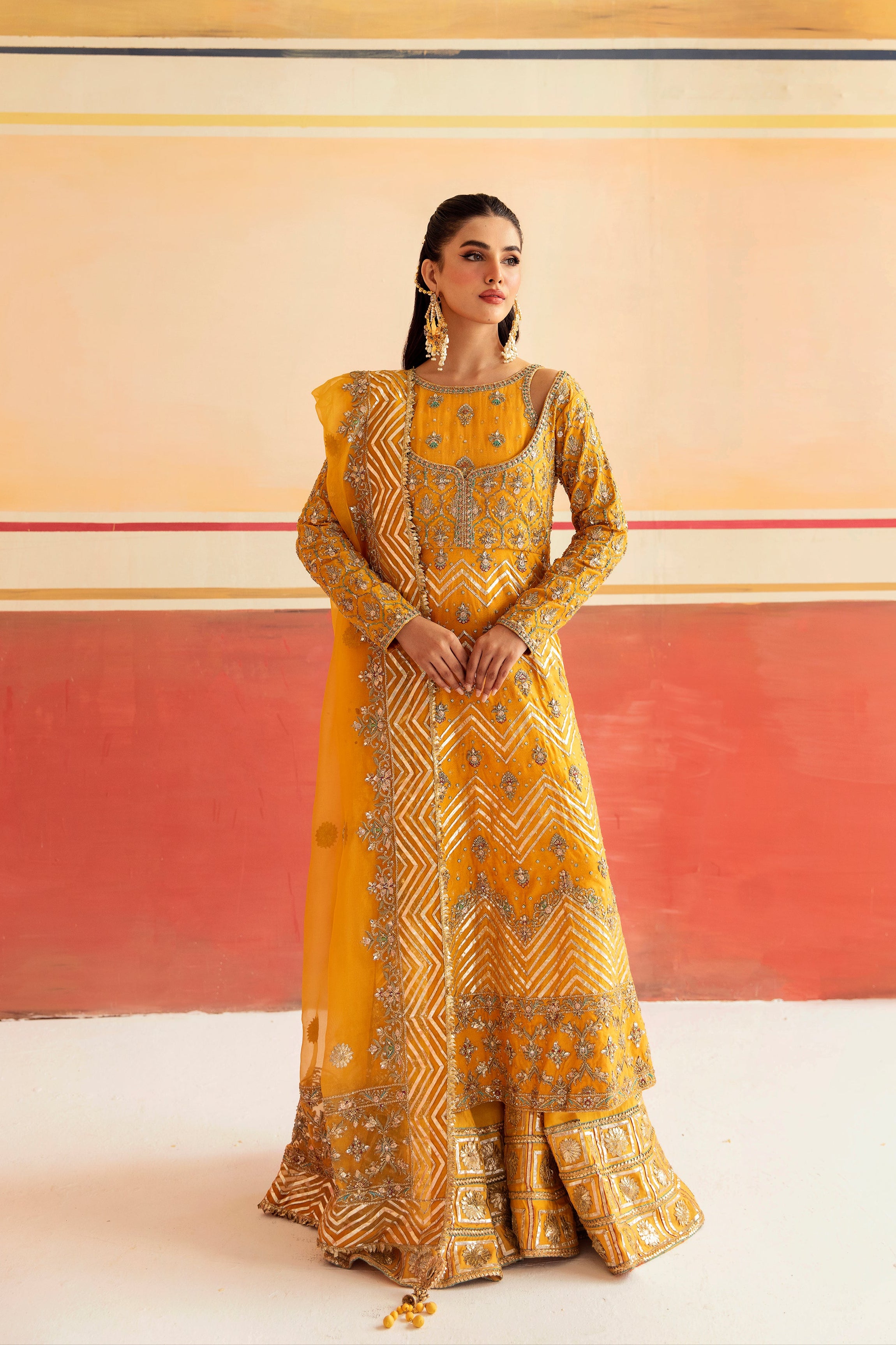 Saffron Yellow Zari Cotton Silk Tunic Set