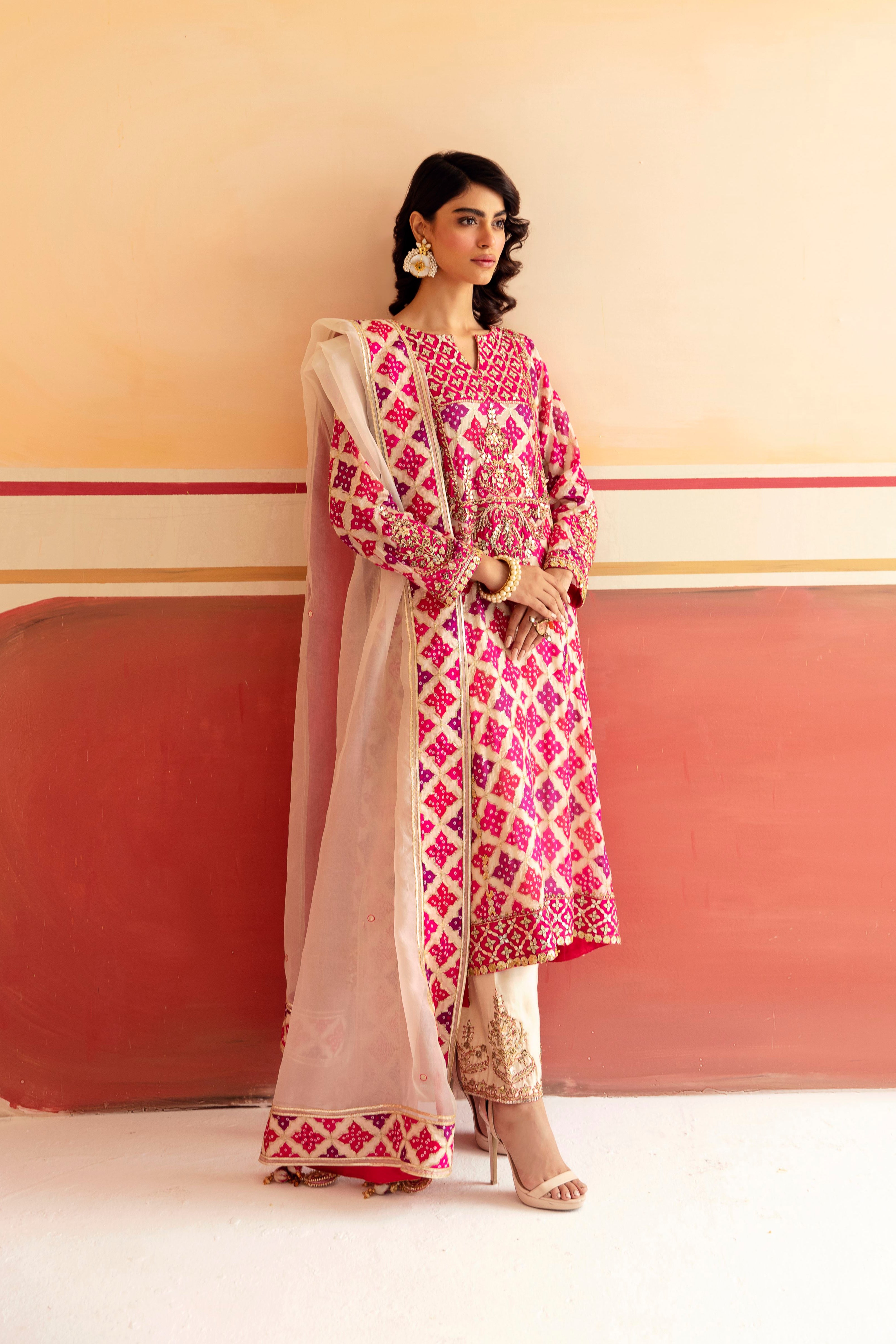 Elegant Ivory and Pink Silk Tunic Set