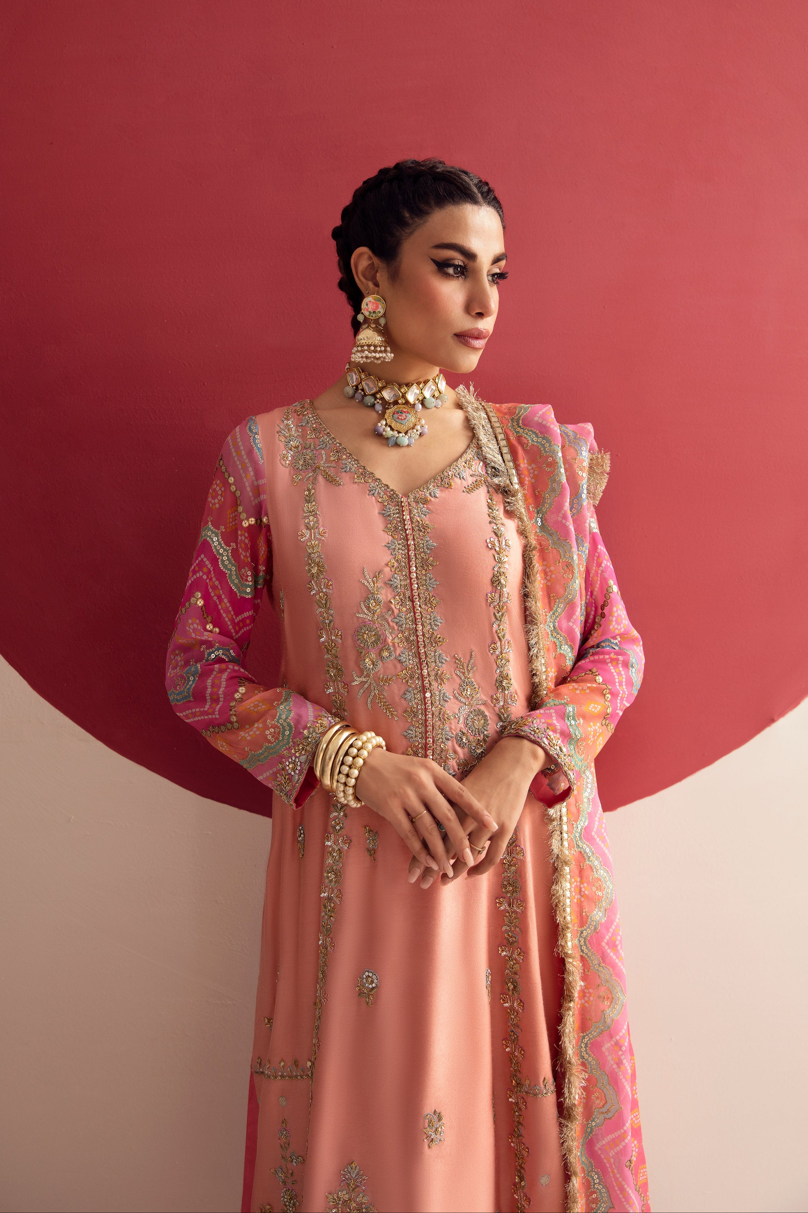 Peach and Sugar Coral Paneled Tunic Set