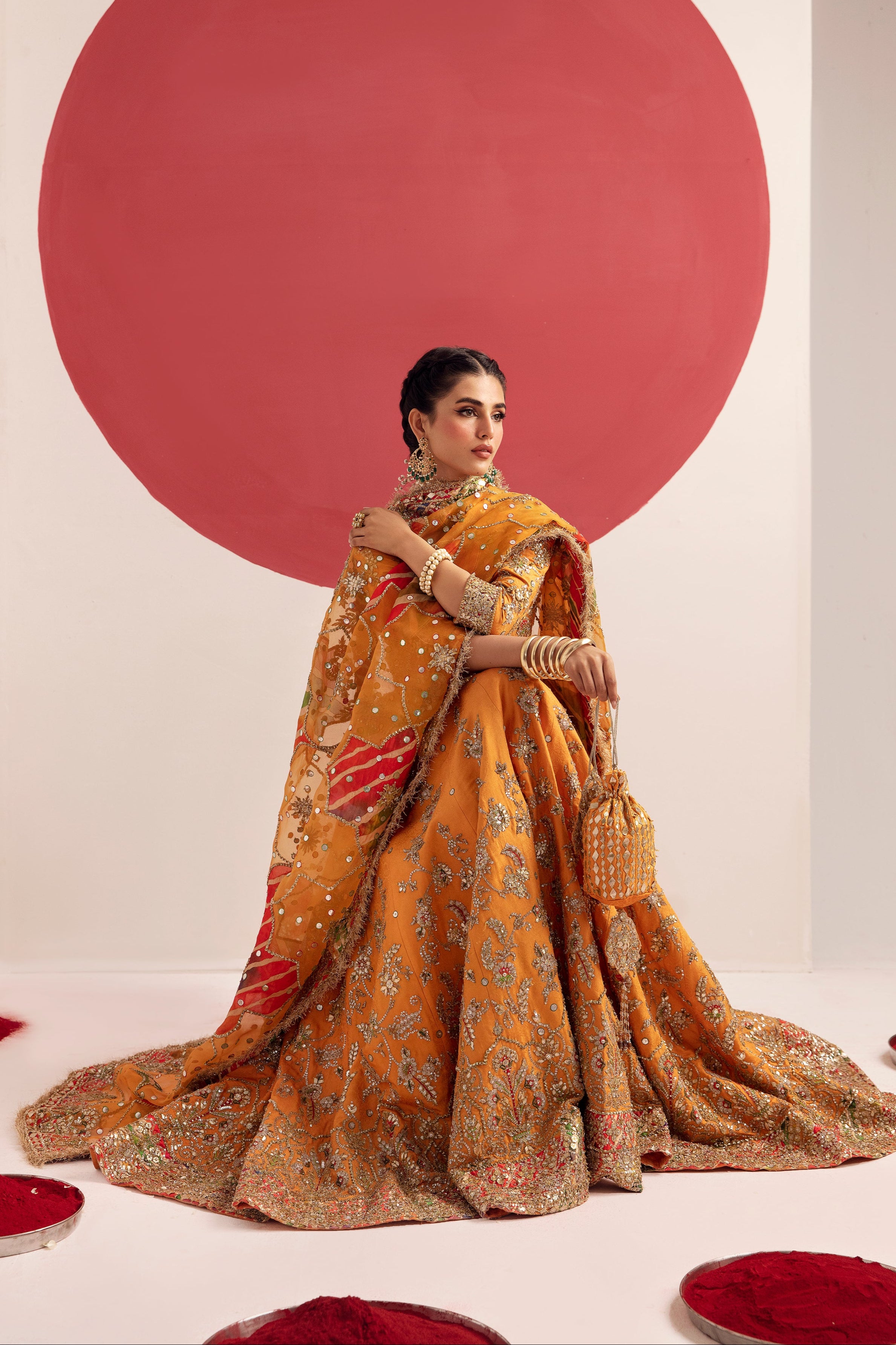 Tangerine Silk Jamawar Lehenga Set