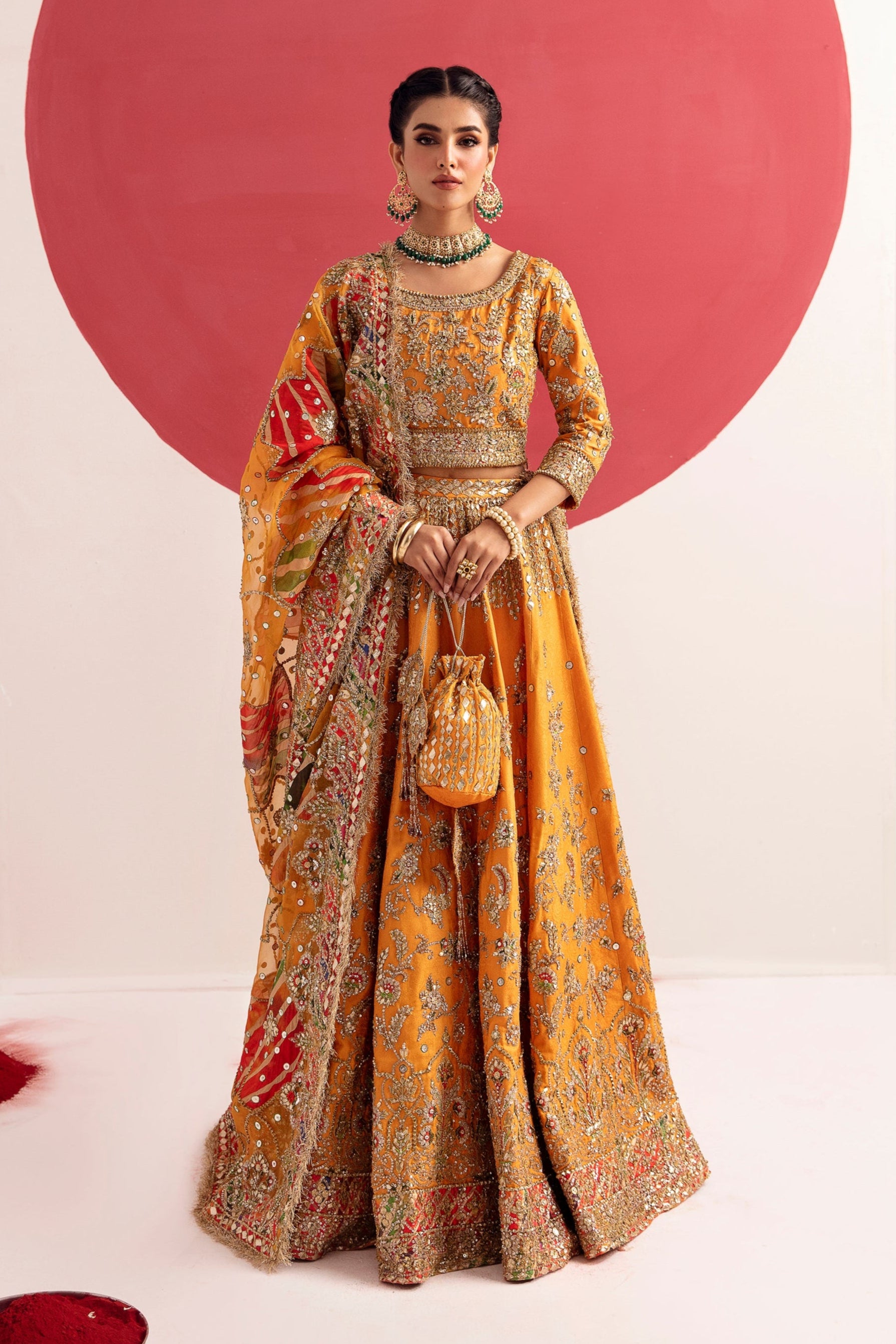 Tangerine Silk Jamawar Lehenga Set