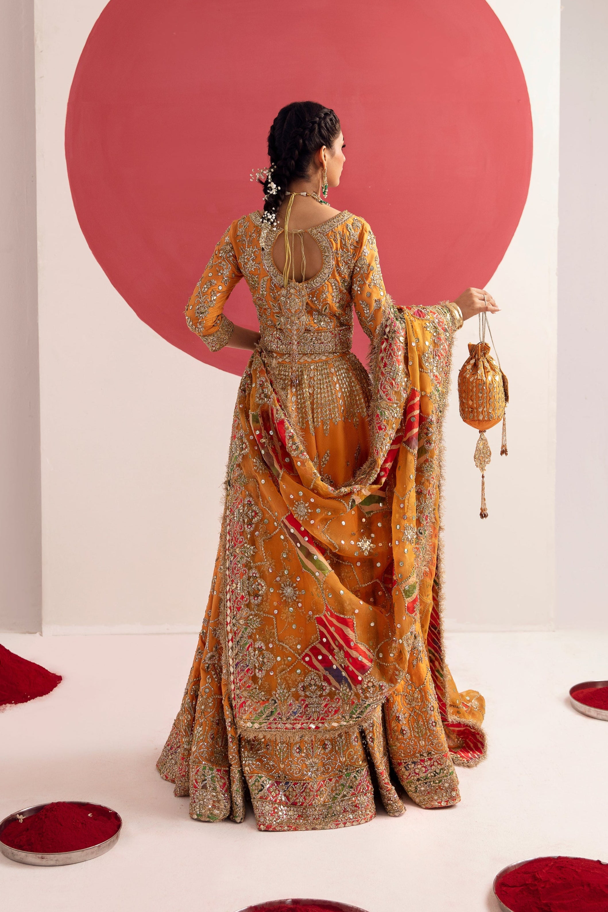 Tangerine Silk Jamawar Lehenga Set