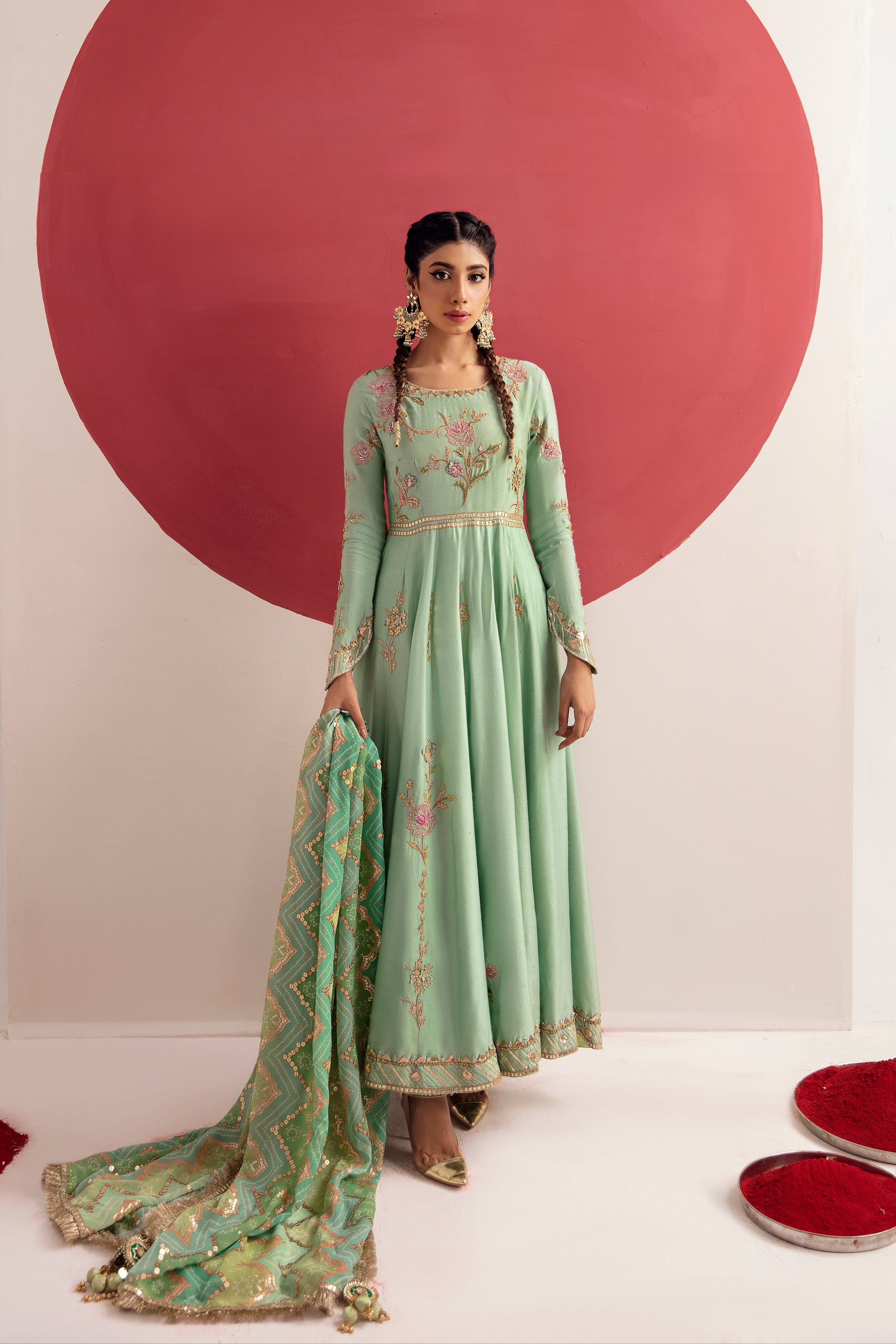 Exquisite Dusty Aqua Flared Anarkali
