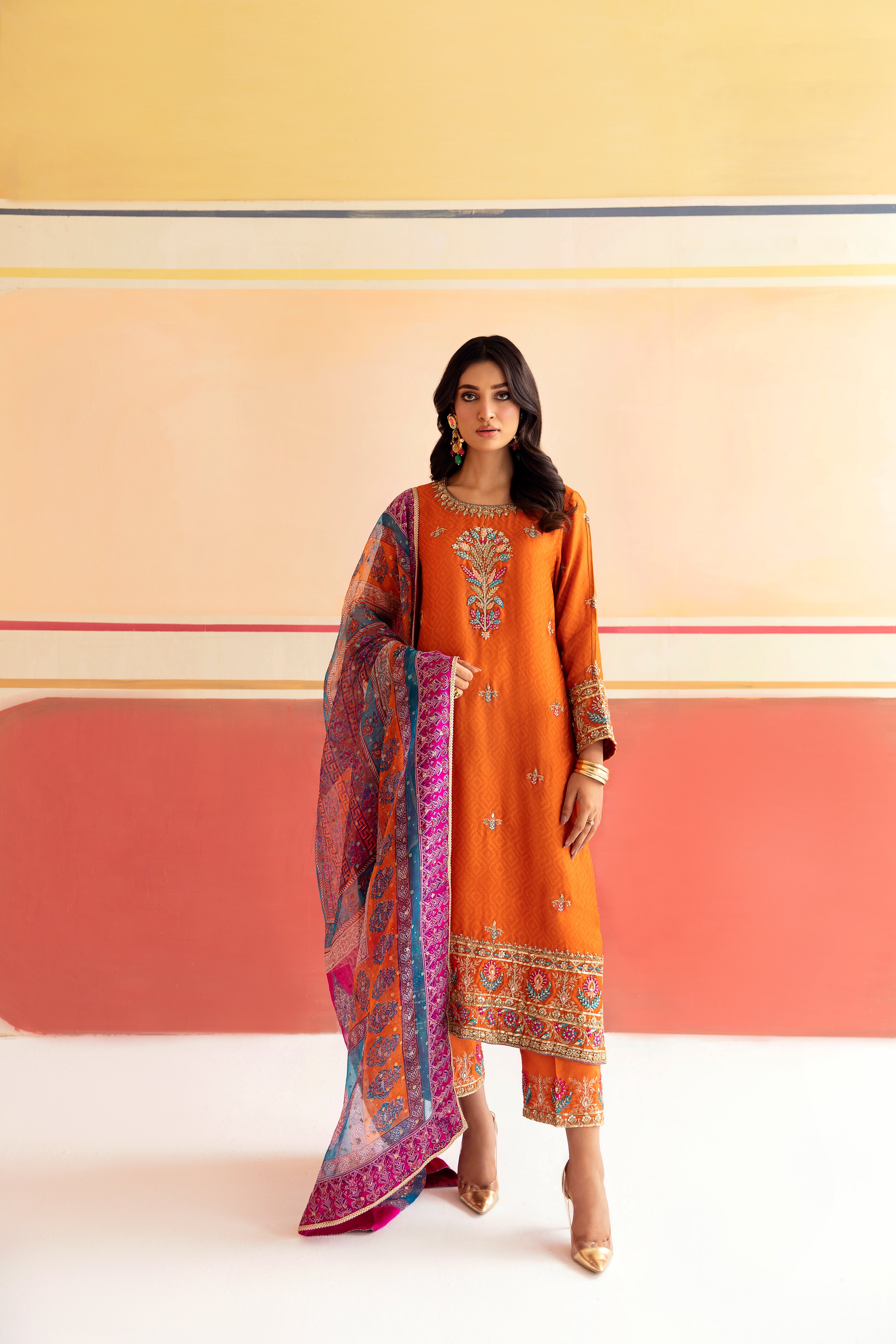 Elegant Orange Pepper Silk Tunic Set