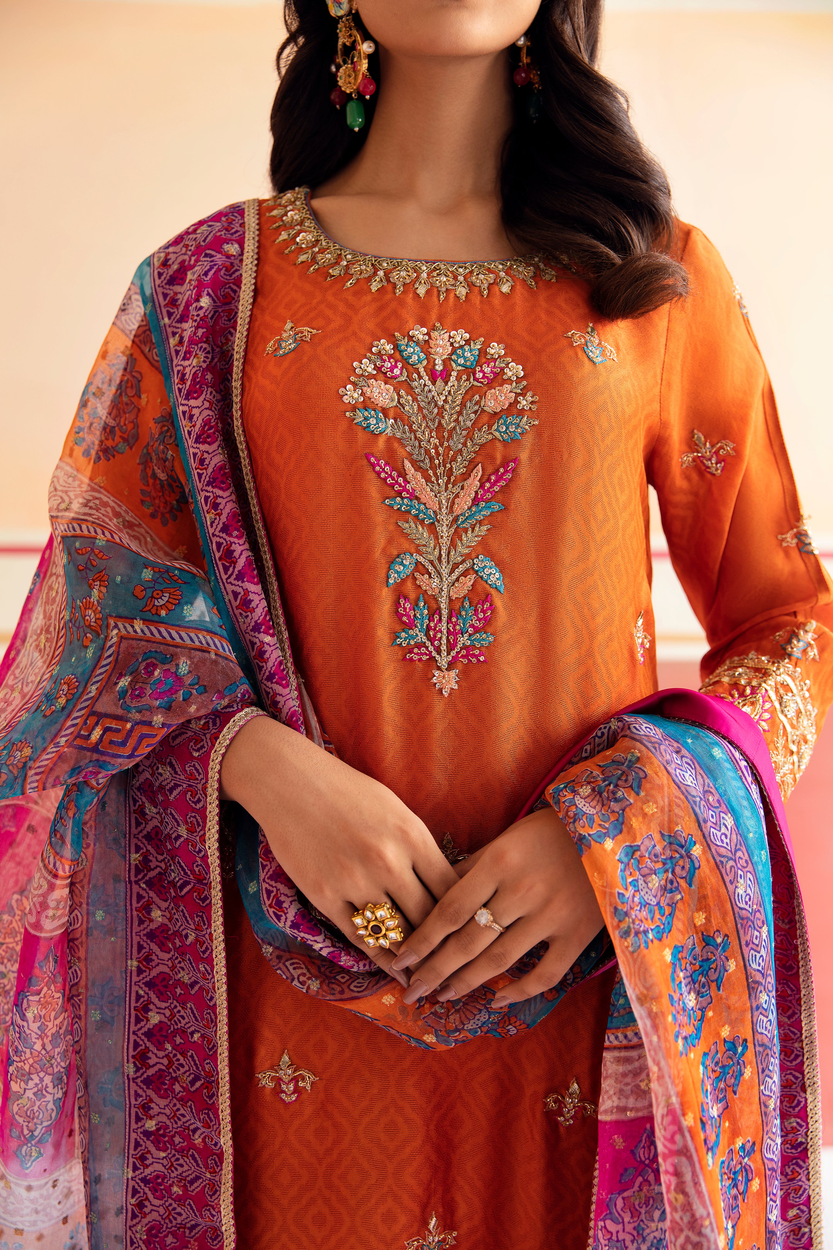 Elegant Orange Pepper Silk Tunic Set