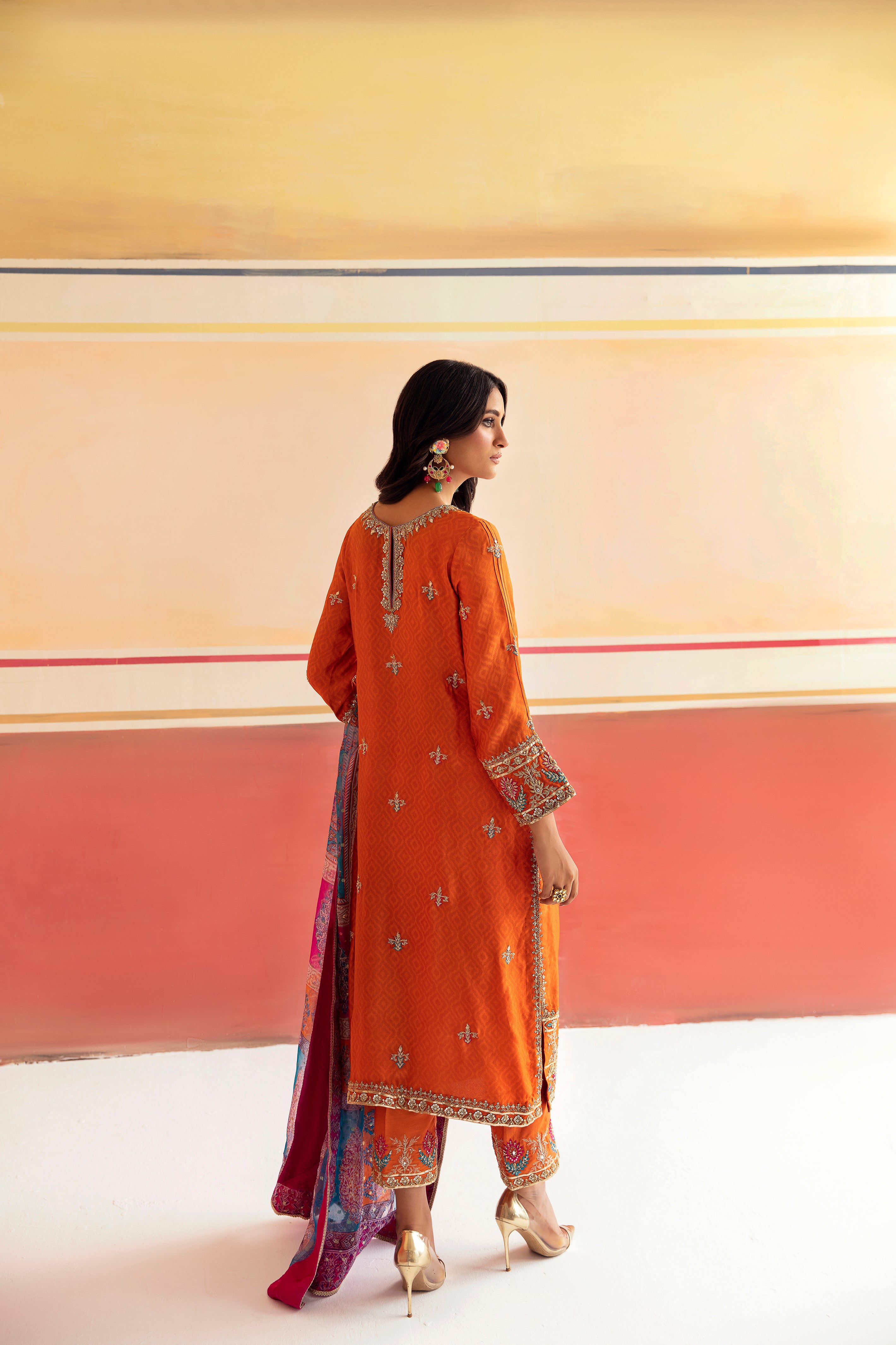 Elegant Orange Pepper Silk Tunic Set