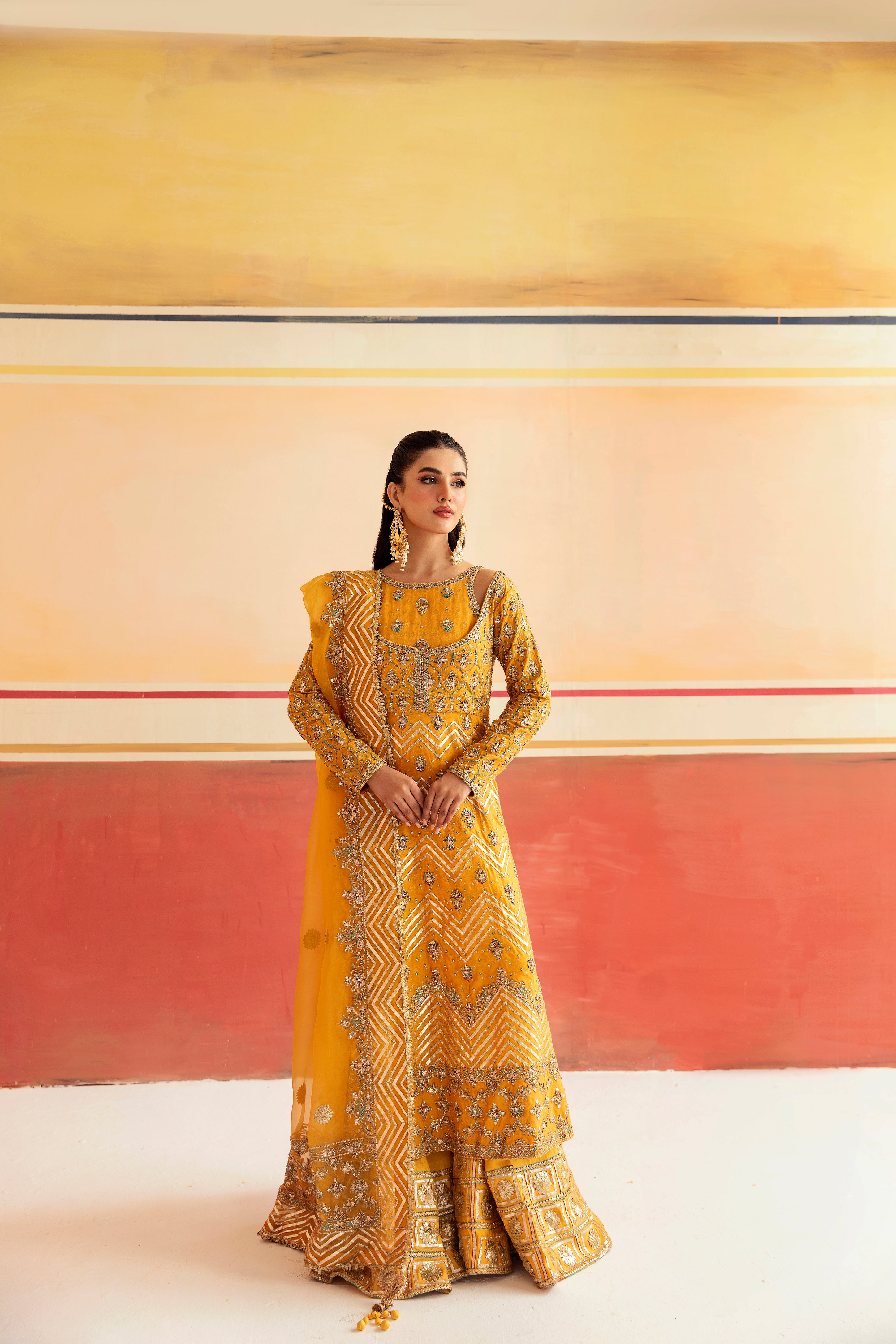 Saffron Yellow Zari Cotton Silk Tunic Set