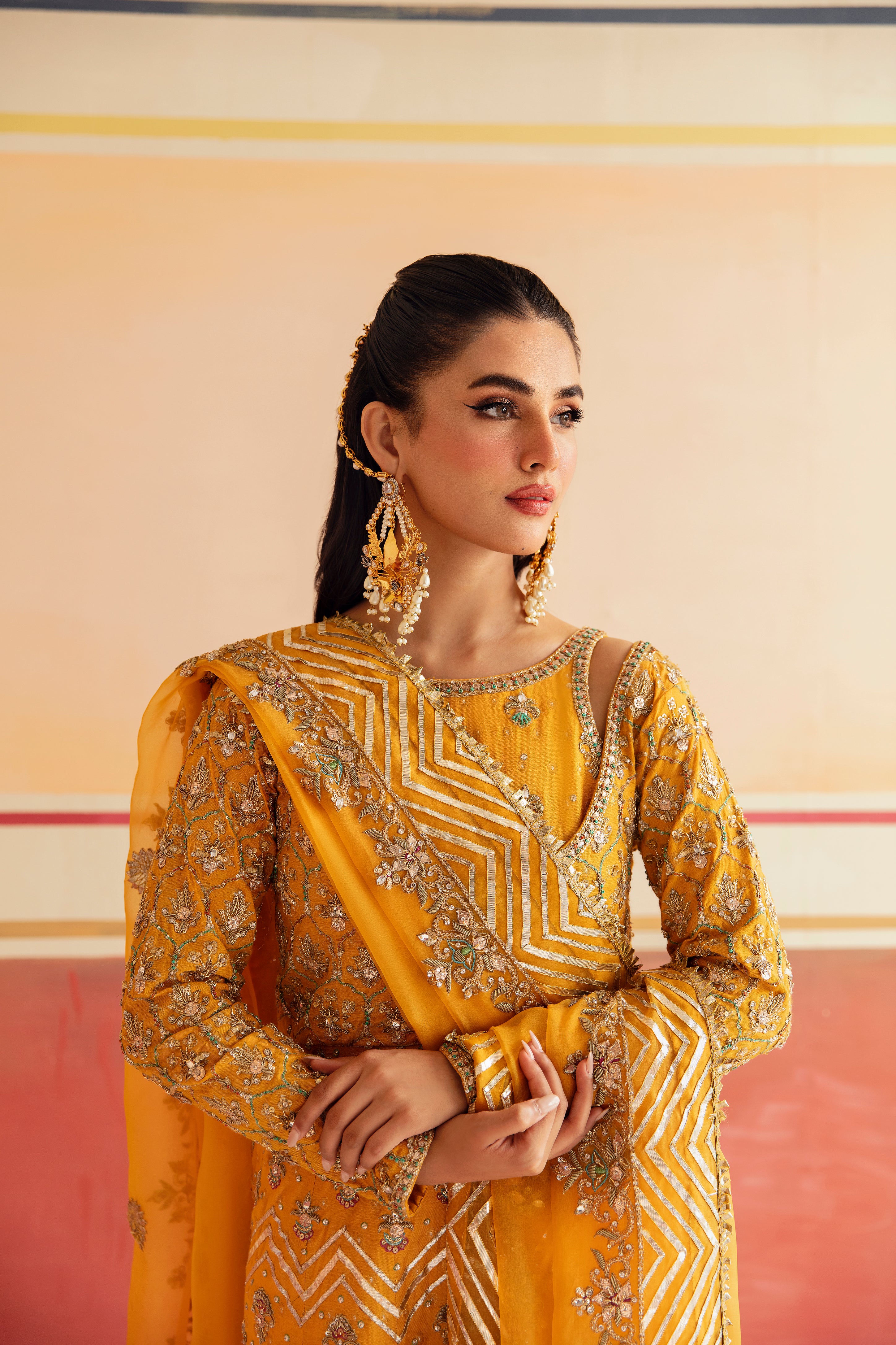 Saffron Yellow Zari Cotton Silk Tunic Set