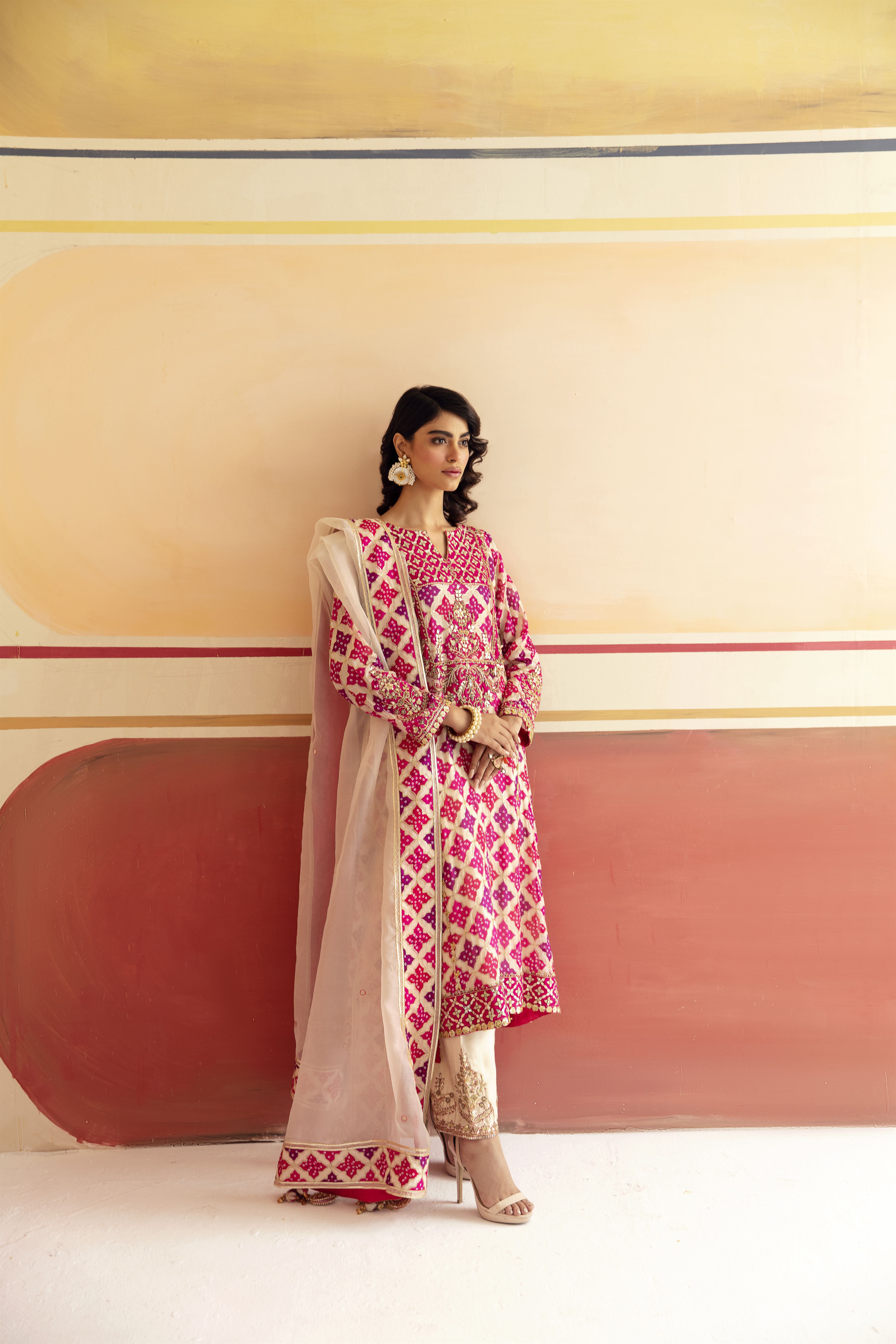 Elegant Ivory and Pink Silk Tunic Set