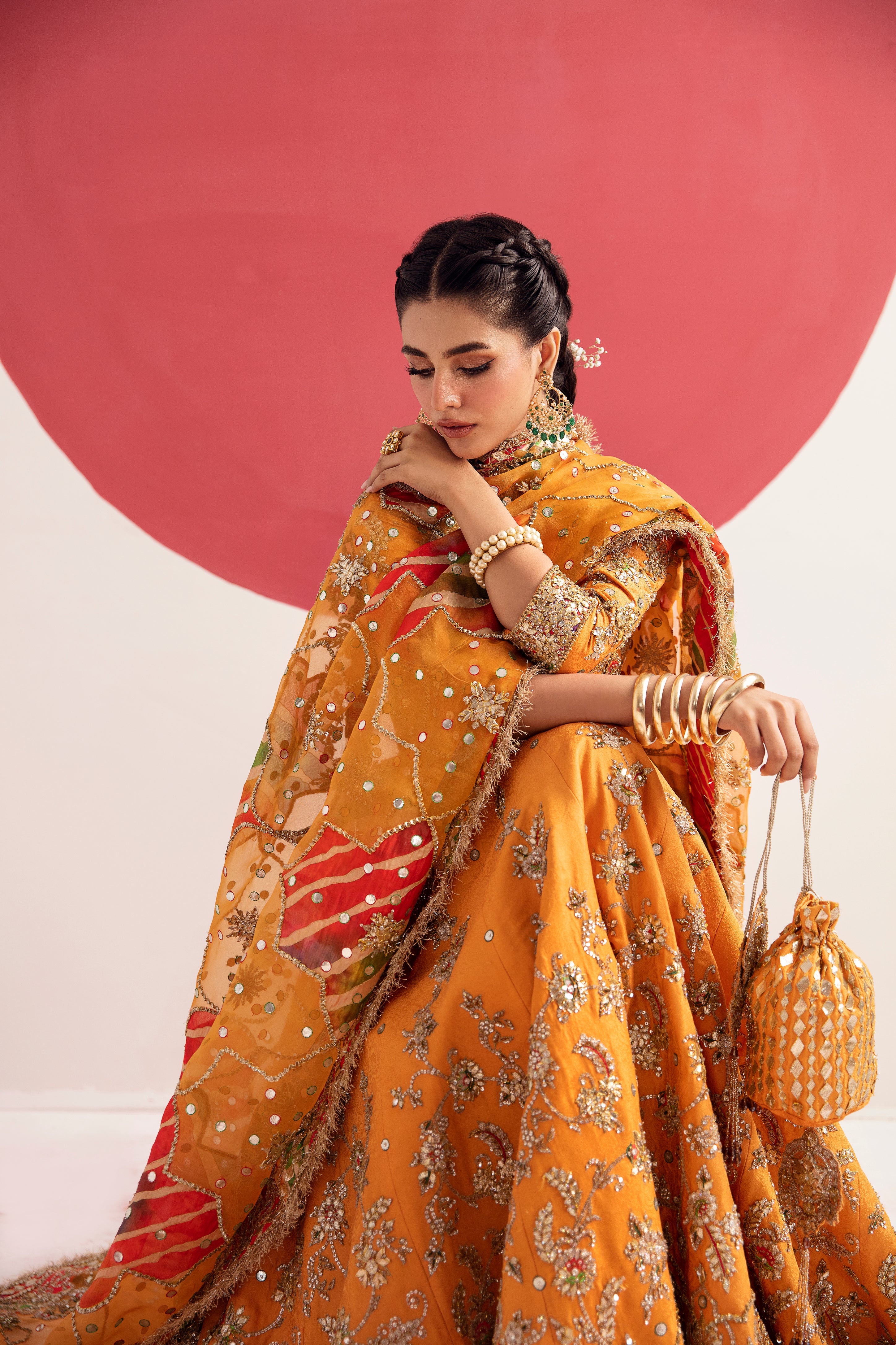 Tangerine Silk Jamawar Lehenga Set